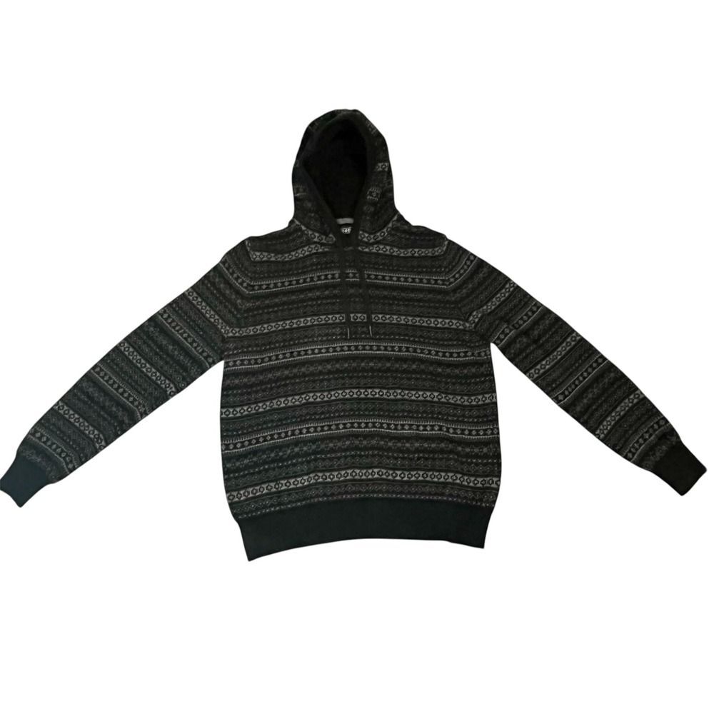 IZOD Men's Fair Isle Knit Hoodie Sweater Black Gray Size M